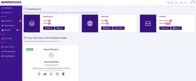 HostArmada Review : Better Alternative To Hosting.com? 4 Hostarmada Dashboard